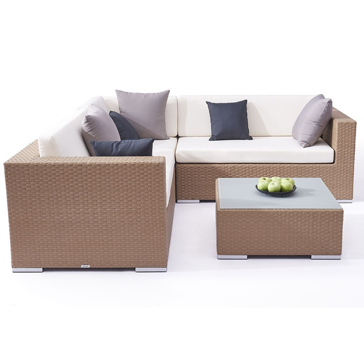 Brown L Shape Patio Wicker Sectional Lounge Couch Furniture Outdoor Garden Rattan Aluminum Corner Sofa Set