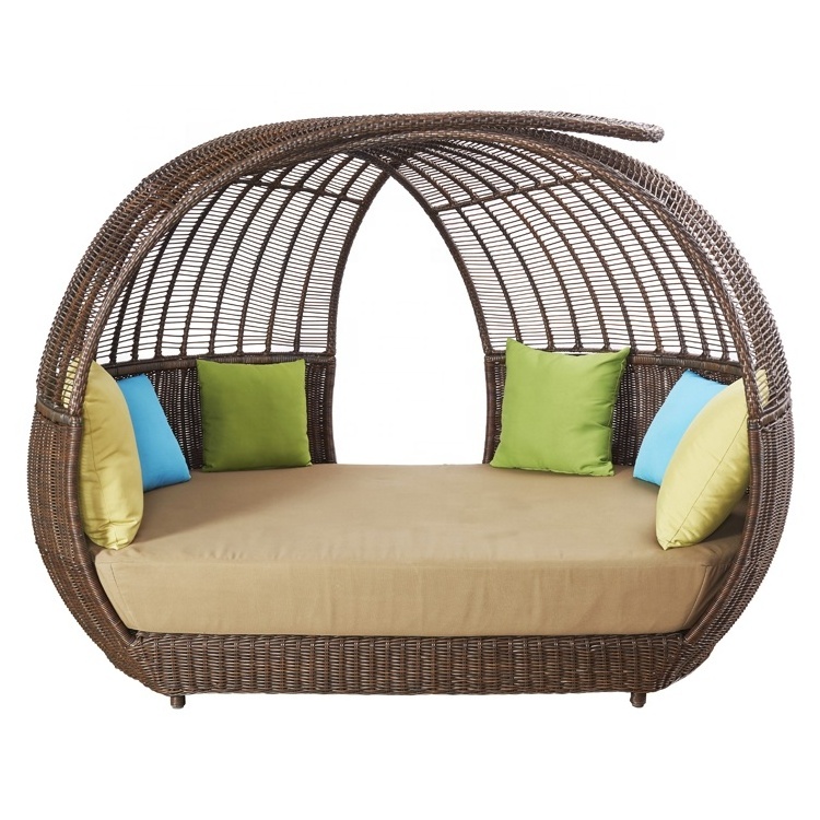 Luxury Hotel Outside Beach Wicker Sunbed Outdoor Patio Rattan Round Chaise Lounge Daybed with Canopy