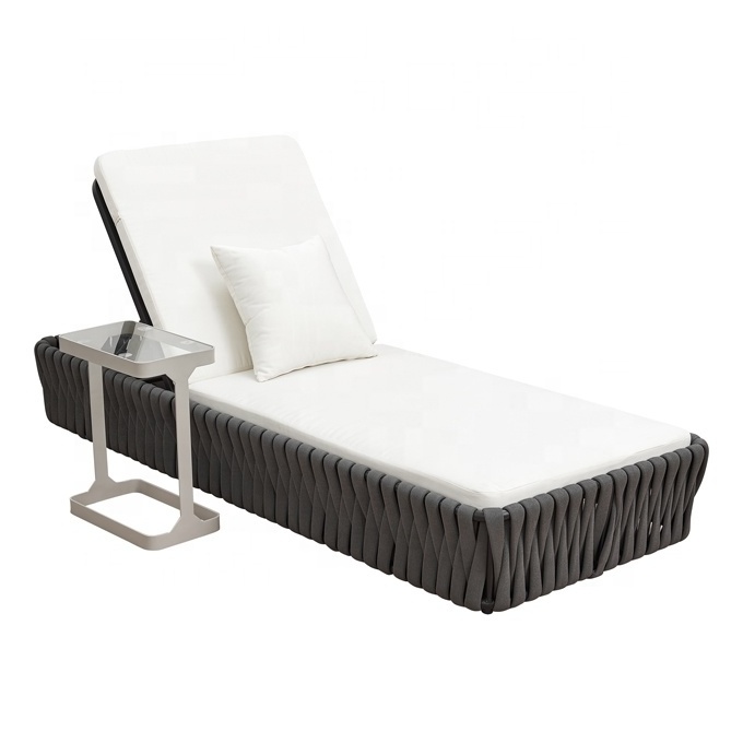 Leisure Hotel Garden Sun Loungers Outdoor Exterior Aluminum Rope Chaise Lounge Chair Sunbed with Side Table