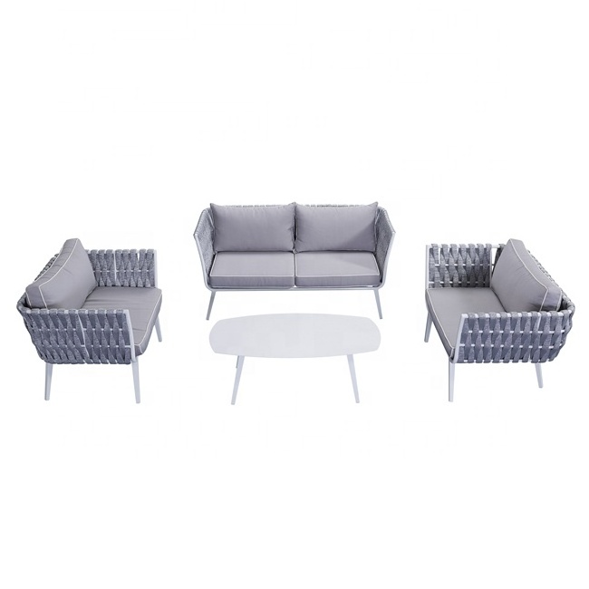 Wide Garden Chair Alloy Aluminum 4 Pieces Patio Furniture Outdoor Grey Cushions Coffee Tables Balcony Water Proof Rope Sofa Set