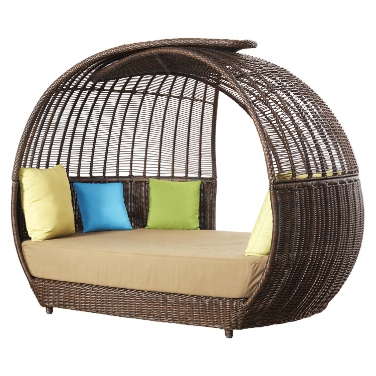 Luxury Hotel Outside Beach Wicker Sunbed Outdoor Patio Rattan Round Chaise Lounge Daybed with Canopy