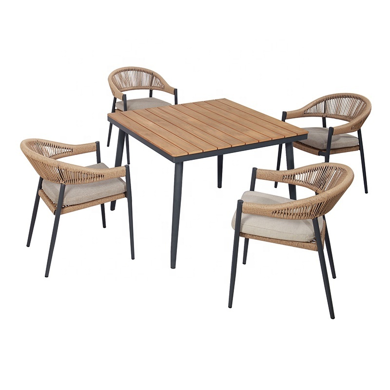 European Patio Furniture Outdoor Garden Plastic Wood Square Table and Rope Dining Chairs