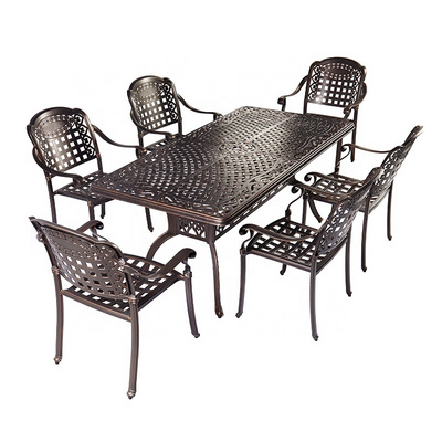 All weather Garden Furniture  Outdoor Patio Cast Aluminum Long Dining Table Chairs with Umbrella Pole