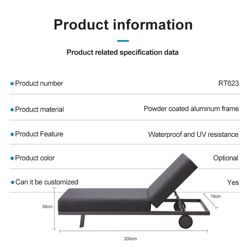 Hotel Use Black Outdoor Sunbed Furniture Garden Pool Aluminum Sun Chaise Lounger Chair
