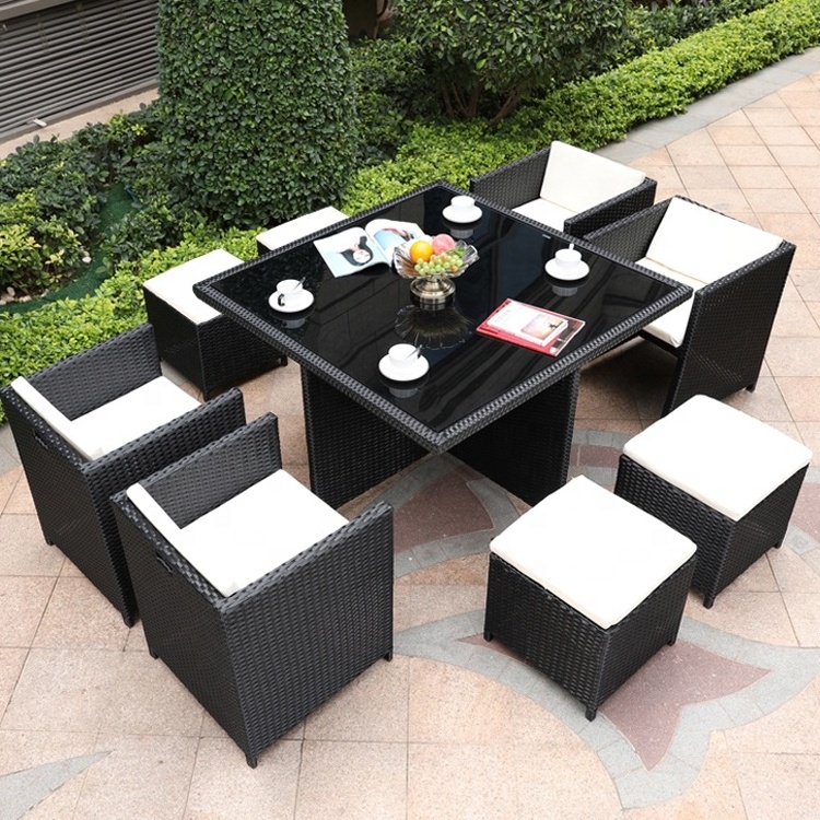 Unique Style Outdoor Wicker Furniture Woven Rattan Cube Dining Table Set Garden