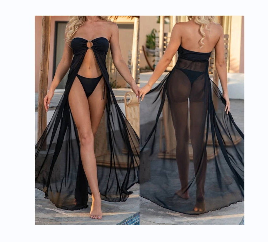 Two Piece Beachwear Sexy Transparent Beautiful Swimsuits Micro Beach Bikini Set Mesh Kaftan For Mature Women