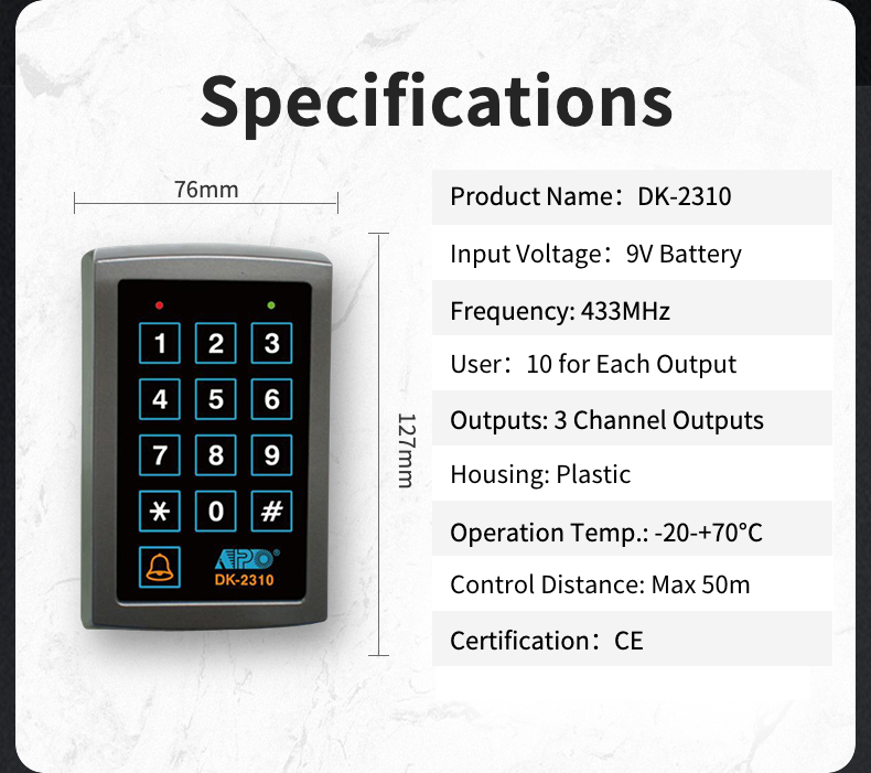 DA-2321 + DK-2310 + DA-12 Wireless Tuya App Wifi + 433MHz Wireless Access Control Keypad System with Three Relay Output