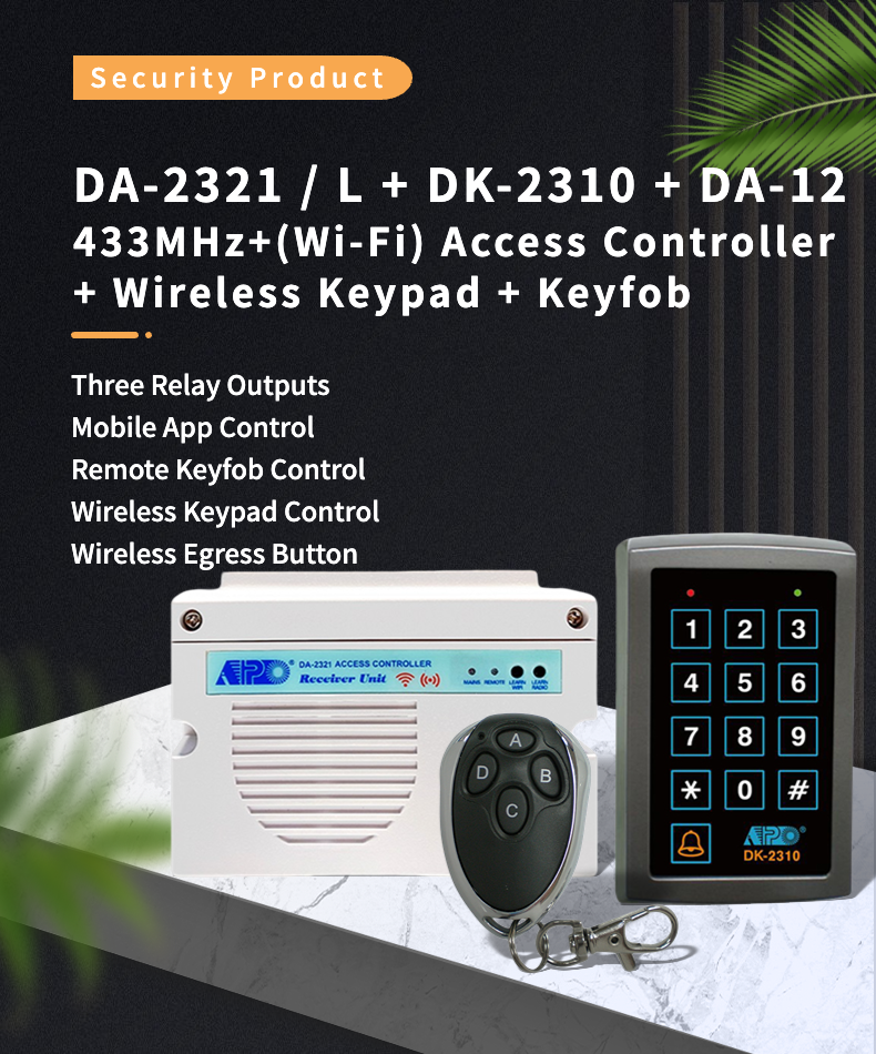 DA-2321 + DK-2310 + DA-12 Wireless Tuya App Wifi + 433MHz Wireless Access Control Keypad System with Three Relay Output