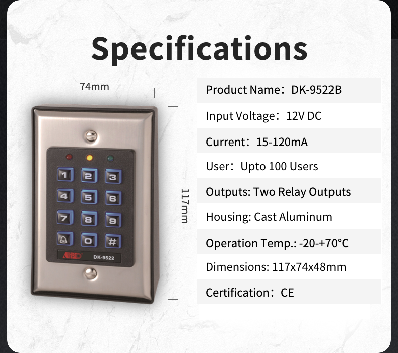 DK-9522B Surface Mount Dual Relay Keypad with Doorbell Button for Door Access Control Security Entry Device