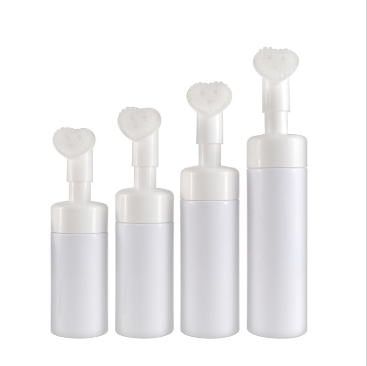 100ml 120ml PET face wash soap plastic foam pump Cylinder Shape White Bottle Body With Silicone brush head foamer