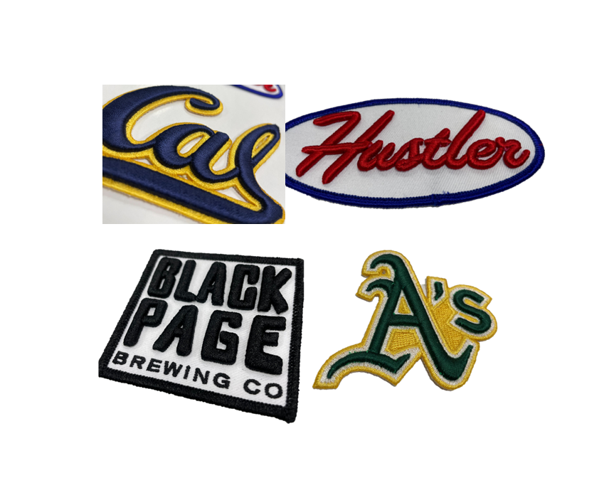 3D effect embroidered patches with optional backing, plastic, heat seal, hook and loop, adhesive