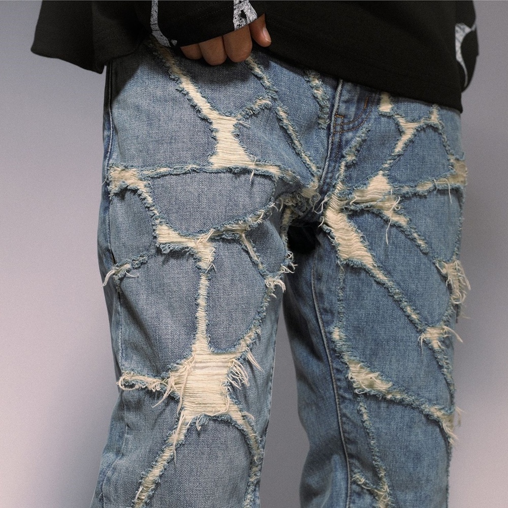 OEM Custom Distressed Vintage Denim Pants Ripped Baggy Men Stacked Jeans