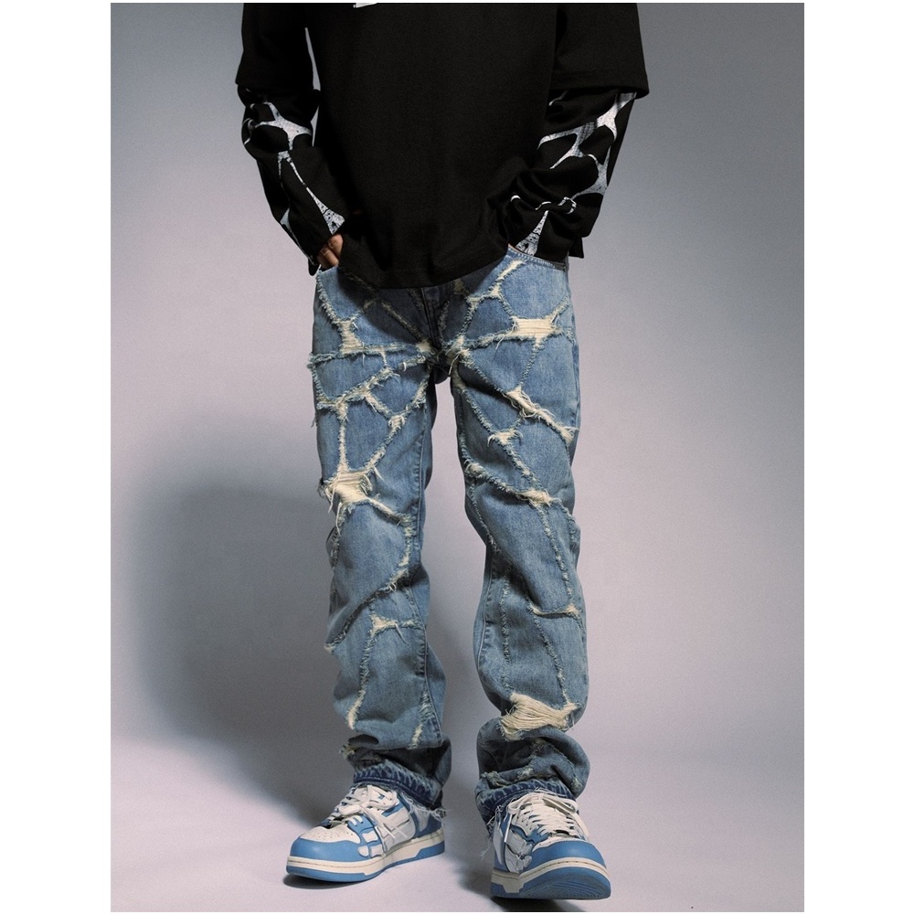 OEM Custom Distressed Vintage Denim Pants Ripped Baggy Men Stacked Jeans