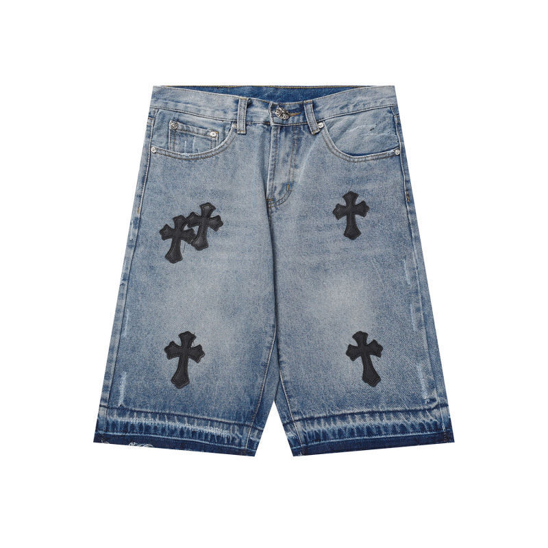 Custom Y2K high street leather letters embroidery patches denim shorts straight leg denim mens jeans pants