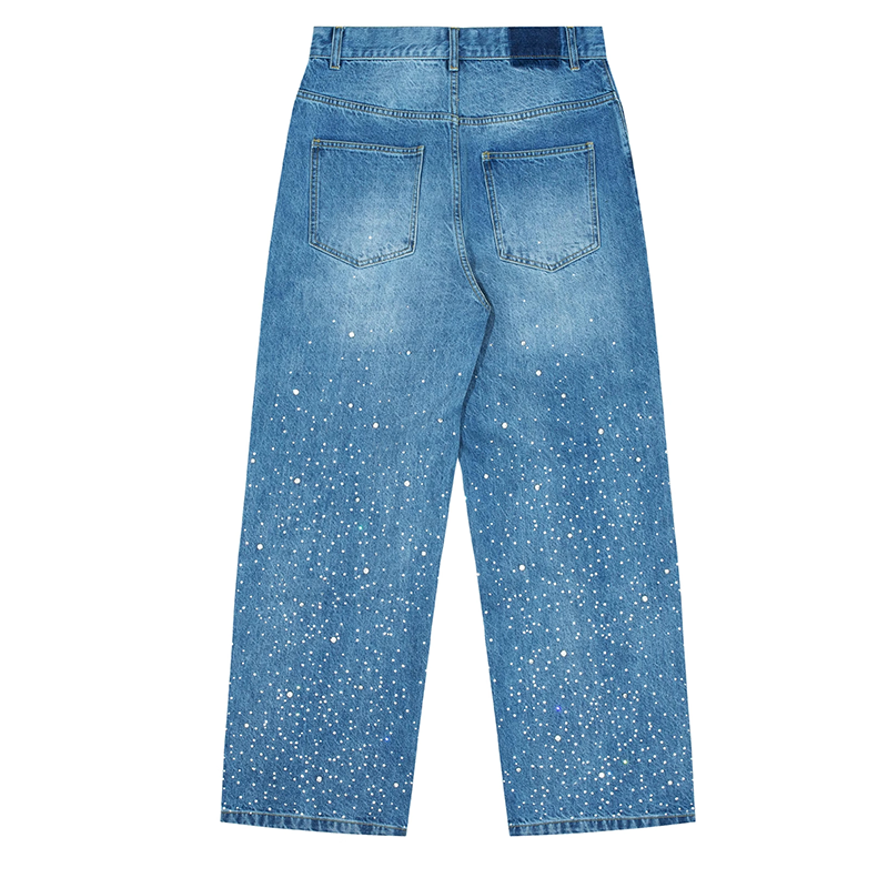 Custom streetstyle denim full rhinestone designer decoration straight leg denim baggy jeans diamond  men's jeans