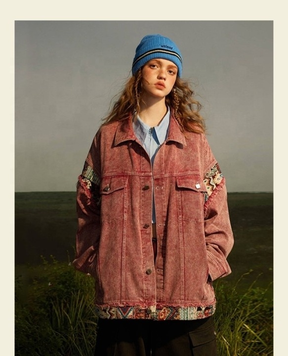 custom women vintage baggy red stonewashed printing coat streetwear ladies denim jacket unisex hot sale denim jacket