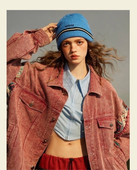 custom women vintage baggy red stonewashed printing coat streetwear ladies denim jacket unisex hot sale denim jacket