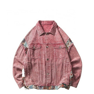 custom women vintage baggy red stonewashed printing coat streetwear ladies denim jacket unisex hot sale denim jacket