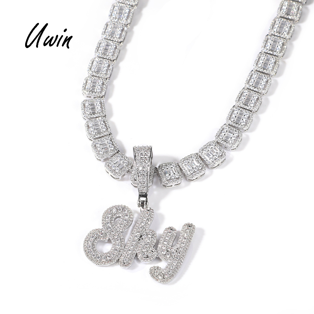 Uwin Brush Cursive Letter Smaller Size Custom Name Necklace With Small Baguette Chain Full Iced Out Zircon Hiphop Pendant