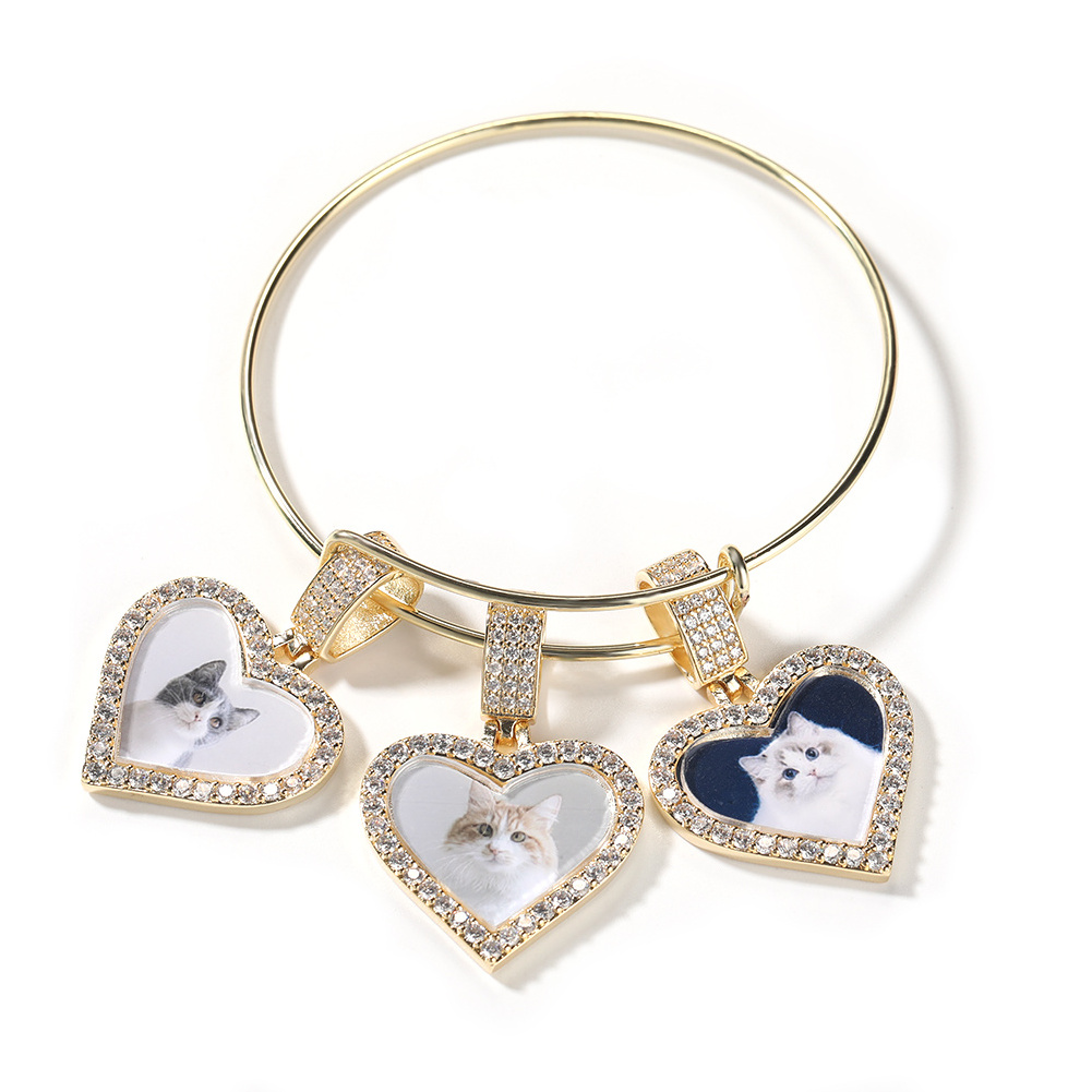 DIY Smaller Brass Heart Photo Stainless Steel Bangle Memory Picture Pendant Bracelet