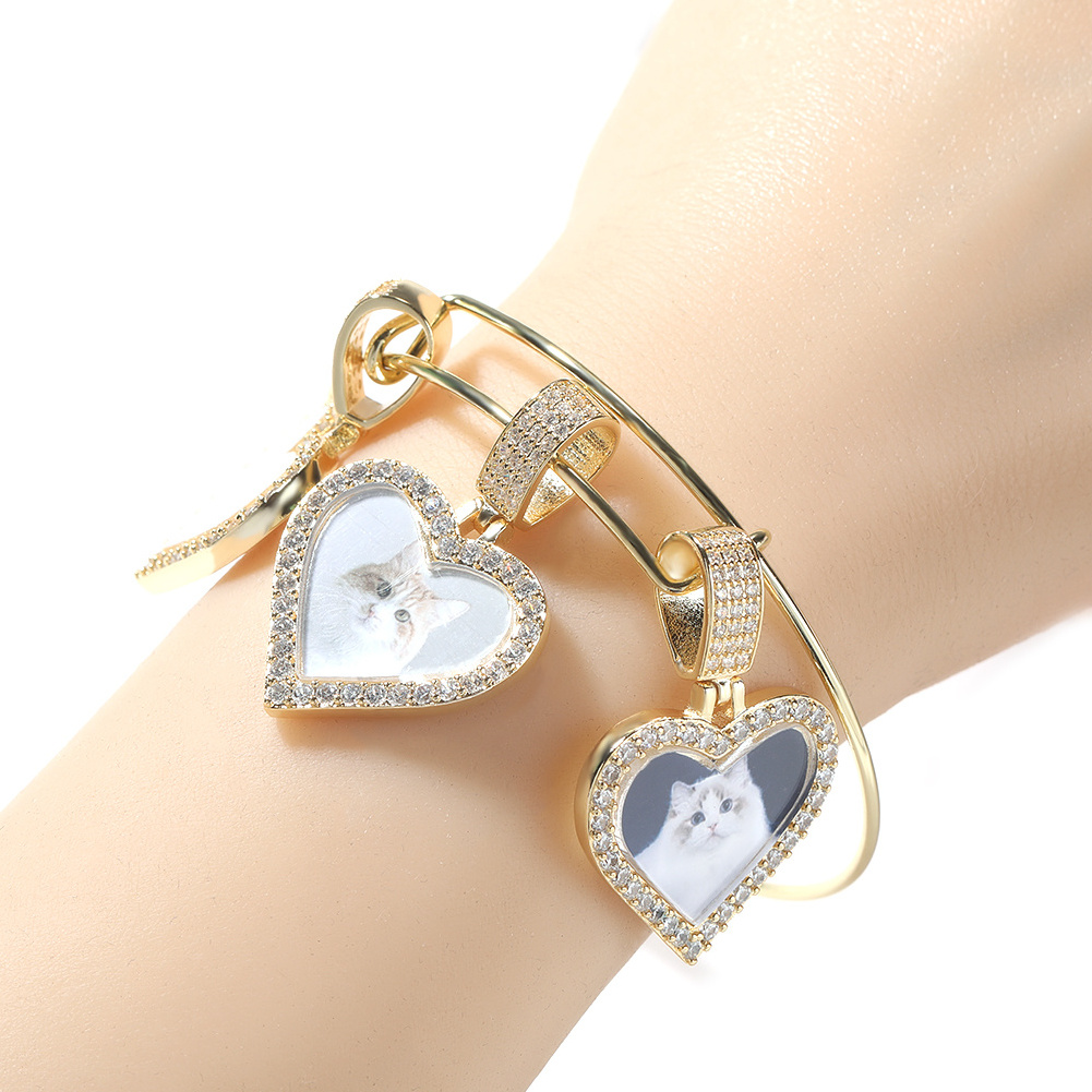 DIY Smaller Brass Heart Photo Stainless Steel Bangle Memory Picture Pendant Bracelet