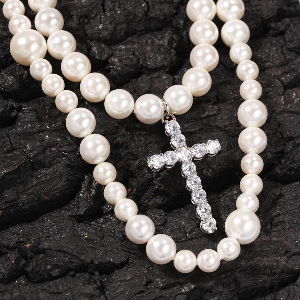 Fresh Water Pearl Beaded Chain Long Necklace Hanging Iced Out Stainless Steel Cross Charms Rapper Jewelries