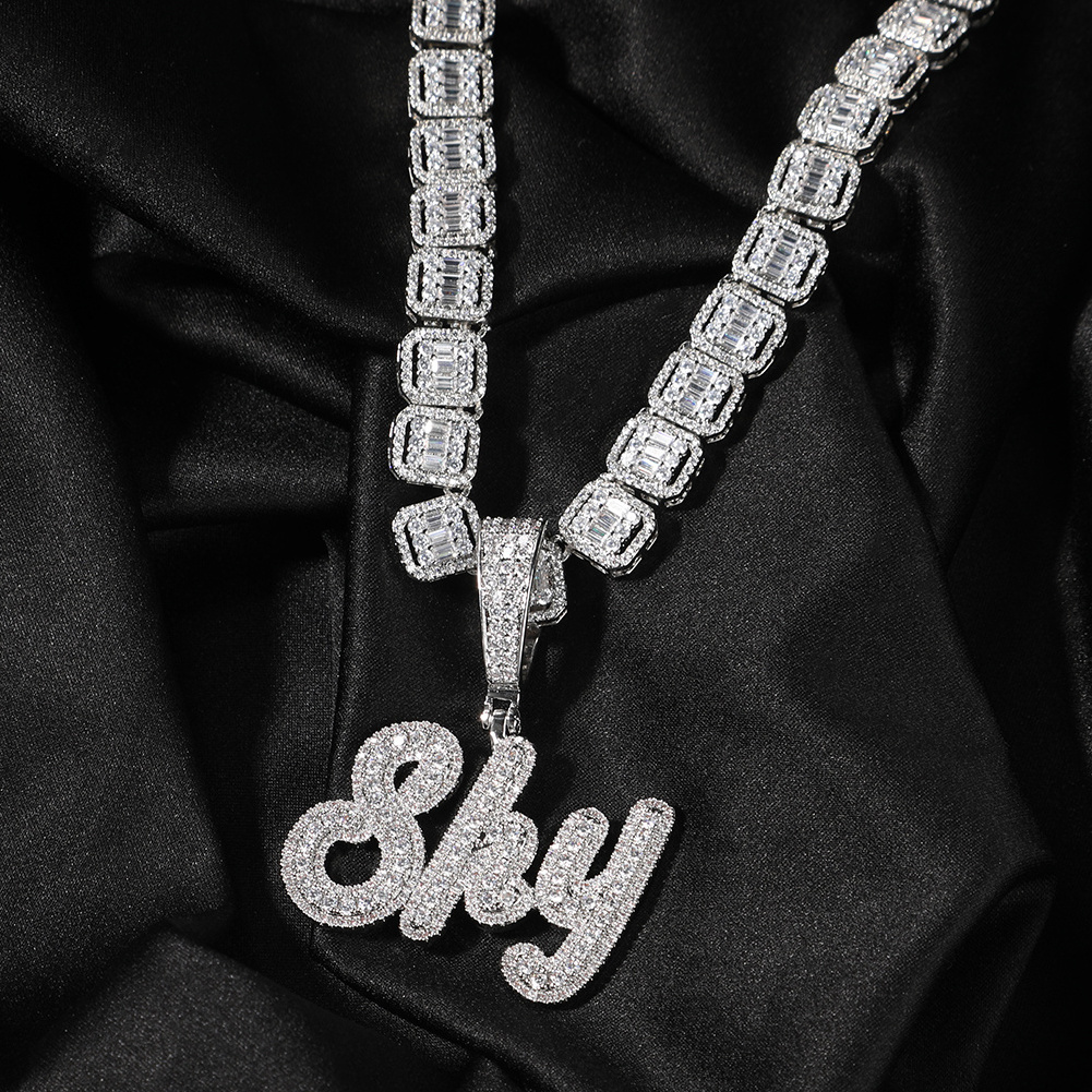 Uwin Brush Cursive Letter Smaller Size Custom Name Necklace With Small Baguette Chain Full Iced Out Zircon Hiphop Pendant