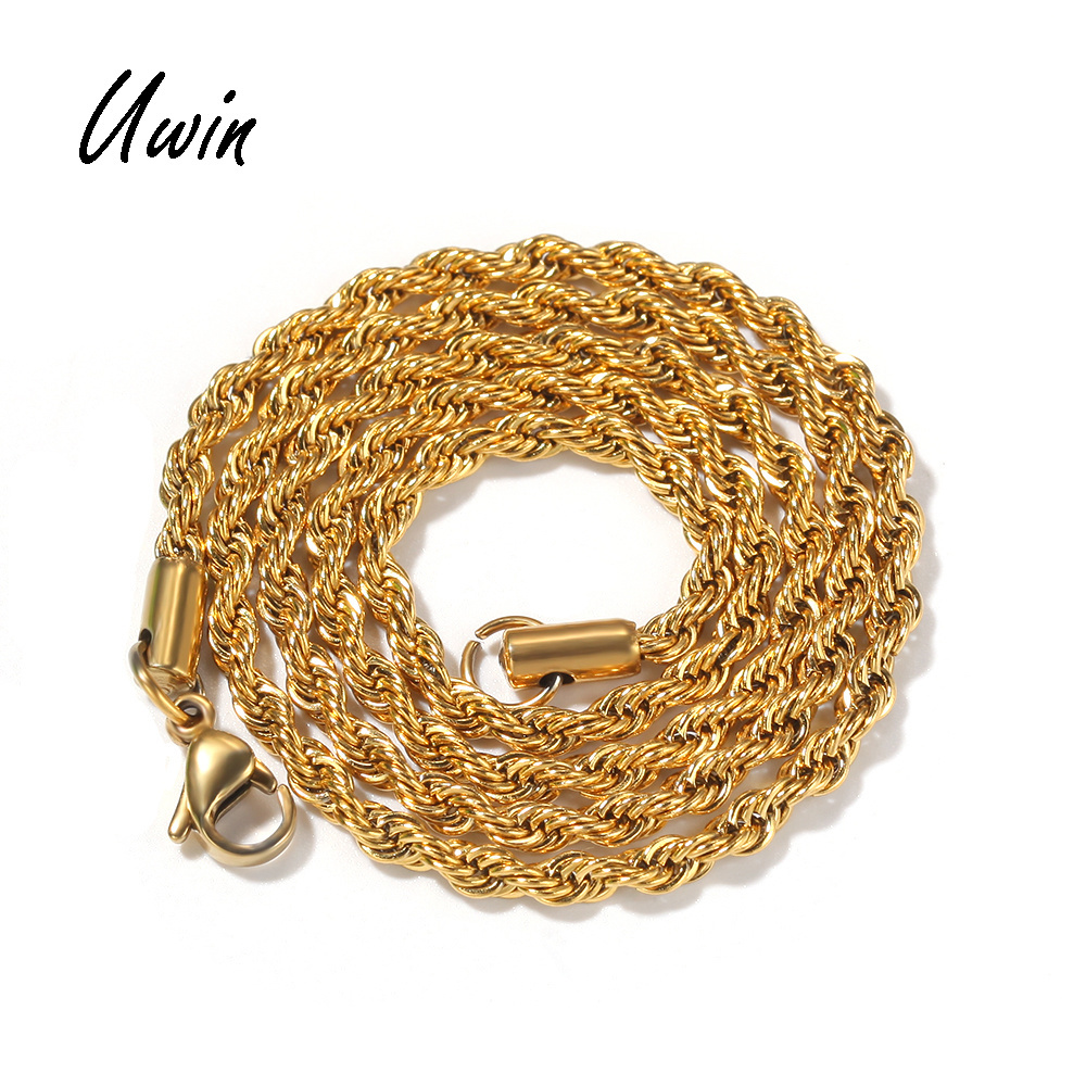 Hiphop 3mm 316L Stainless Steel Rope Chain Necklace 20K Yellow Gold Filled Twist Chain for Men Wholesale Price