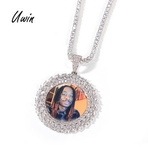 Bling CZ Custom Circle Sublimation Photo Pendant Hip Hop Picture Pendant Necklace With Tennis Chain Rope Chain