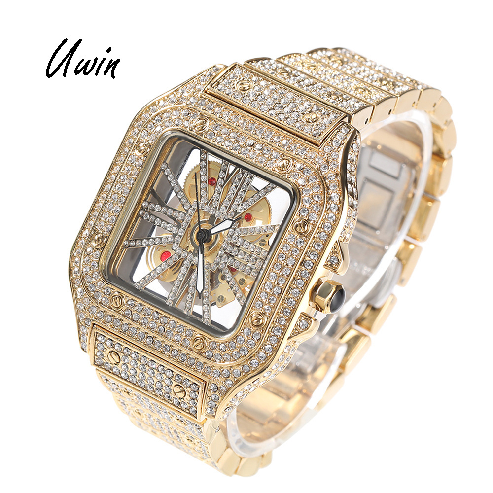 Uwin Hip Hop Hollow Out Square Quartz Wrist Watch Daily Waterproof Clock