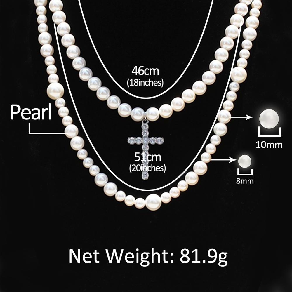 Fresh Water Pearl Beaded Chain Long Necklace Hanging Iced Out Stainless Steel Cross Charms Rapper Jewelries