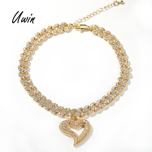 9mm Cuban CZ Miami Cuban Link Chain Anklet Bracelet With Heart Adjustable Women Man Anklets 9inche Anklets Hollow Heart Necklace