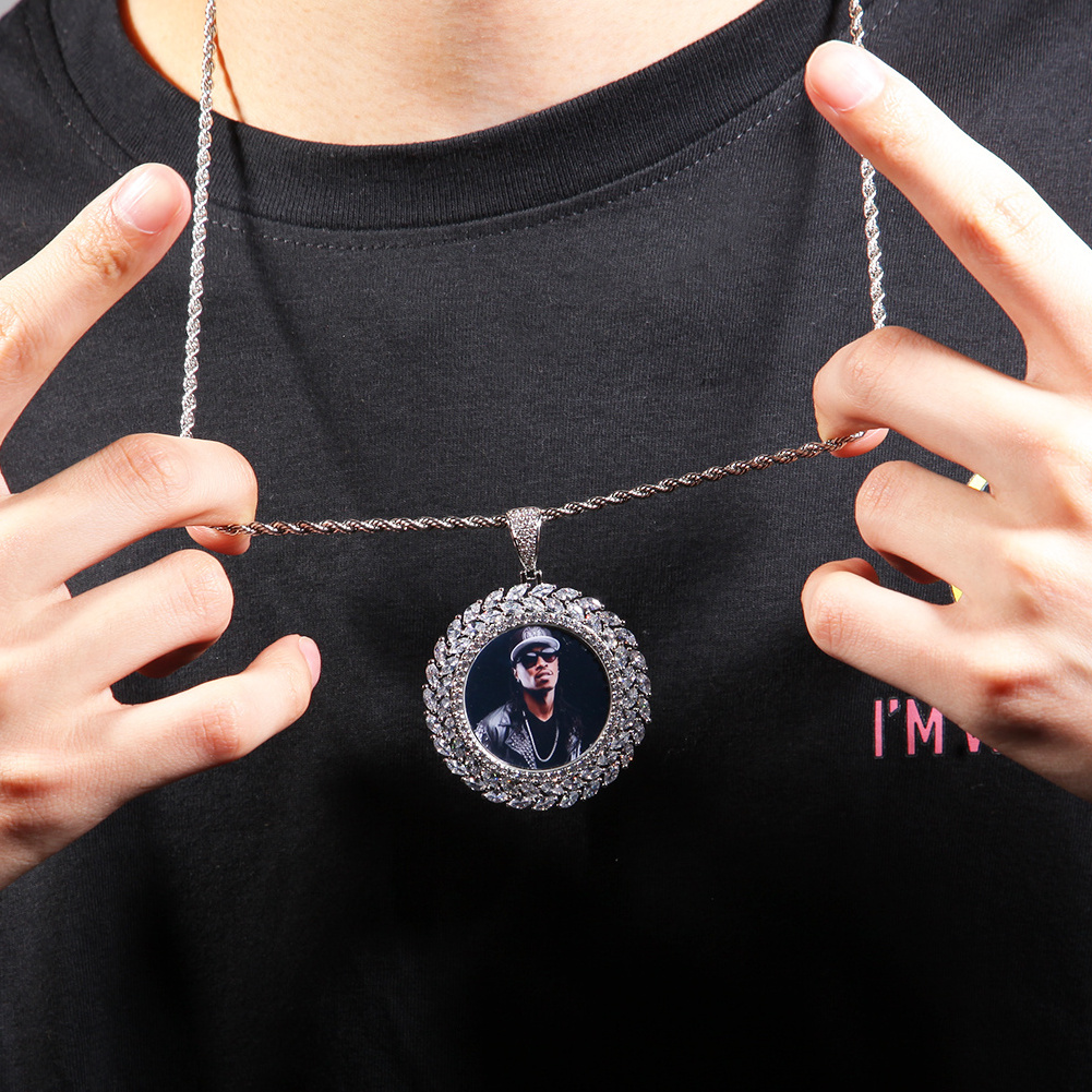 Bling CZ Custom Circle Sublimation Photo Pendant Hip Hop Picture Pendant Necklace With Tennis Chain Rope Chain