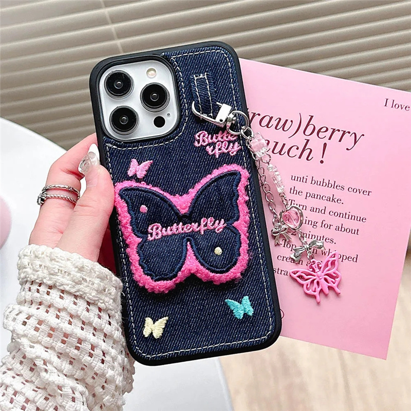 Butterfly Jean Cloth Denim Leather Case For iPhone 12 13 14 15 Pro Max 11 Phone Case with Pendant Keychain Soft Back Cover