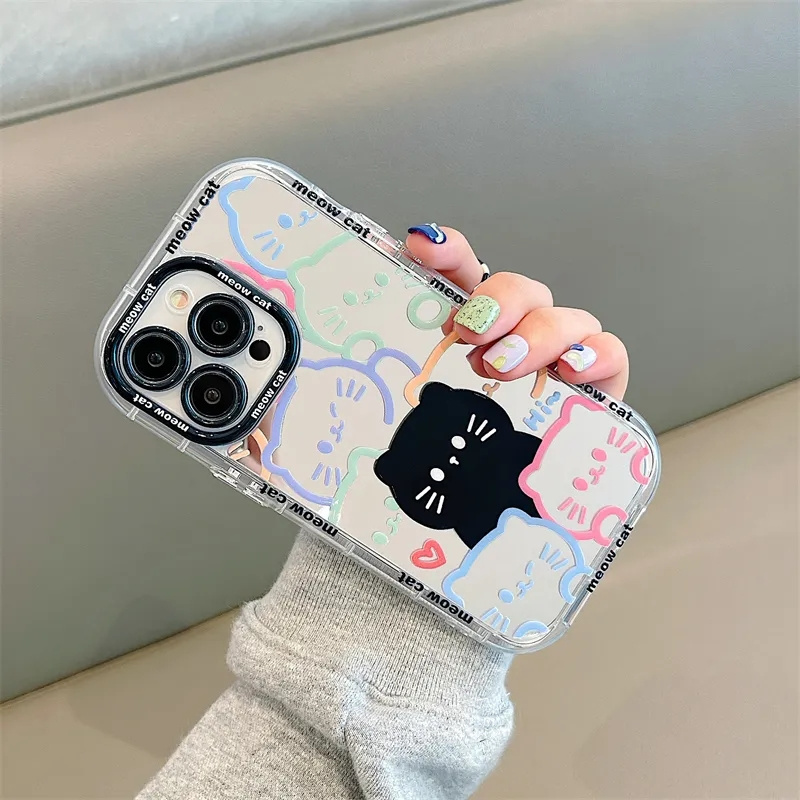 Plating Mirror Painted Lines Cute Cat Phone Case For iPhone 14 13 11 12 15 Pro Max for iphone 15 case with cat design