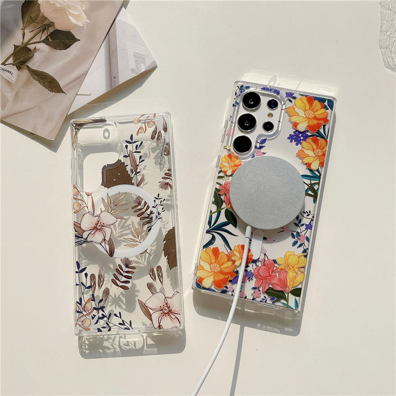 Luxury Flower Transparent Phone Case for Samsung S24 S23 Ultra Plus Wireless Charge Clear Cover for iPhone 15 14 13 12 Pro max