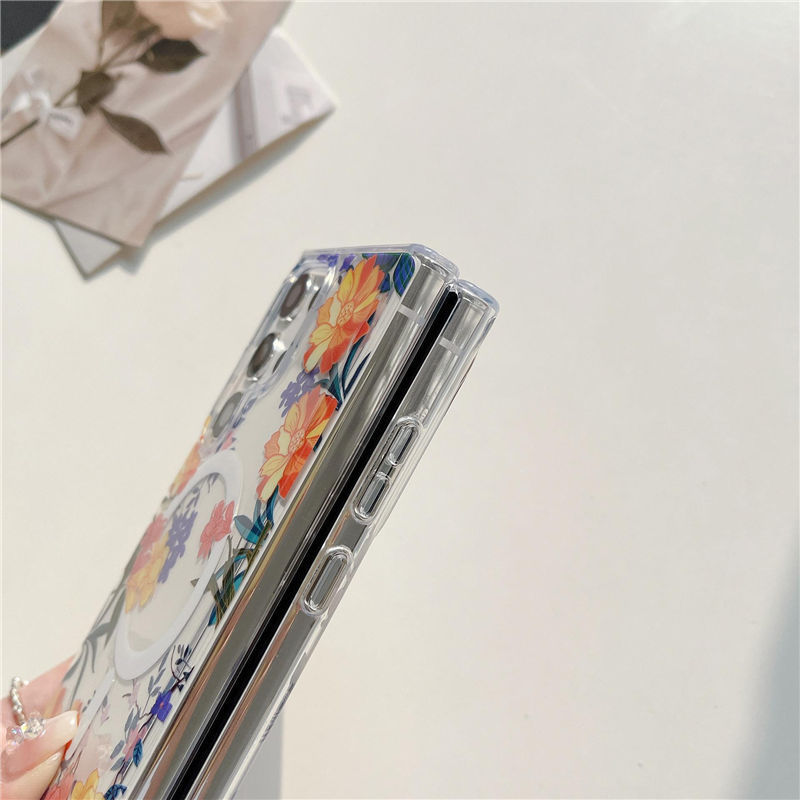 Luxury Flower Transparent Phone Case for Samsung S24 S23 Ultra Plus Wireless Charge Clear Cover for iPhone 15 14 13 12 Pro max