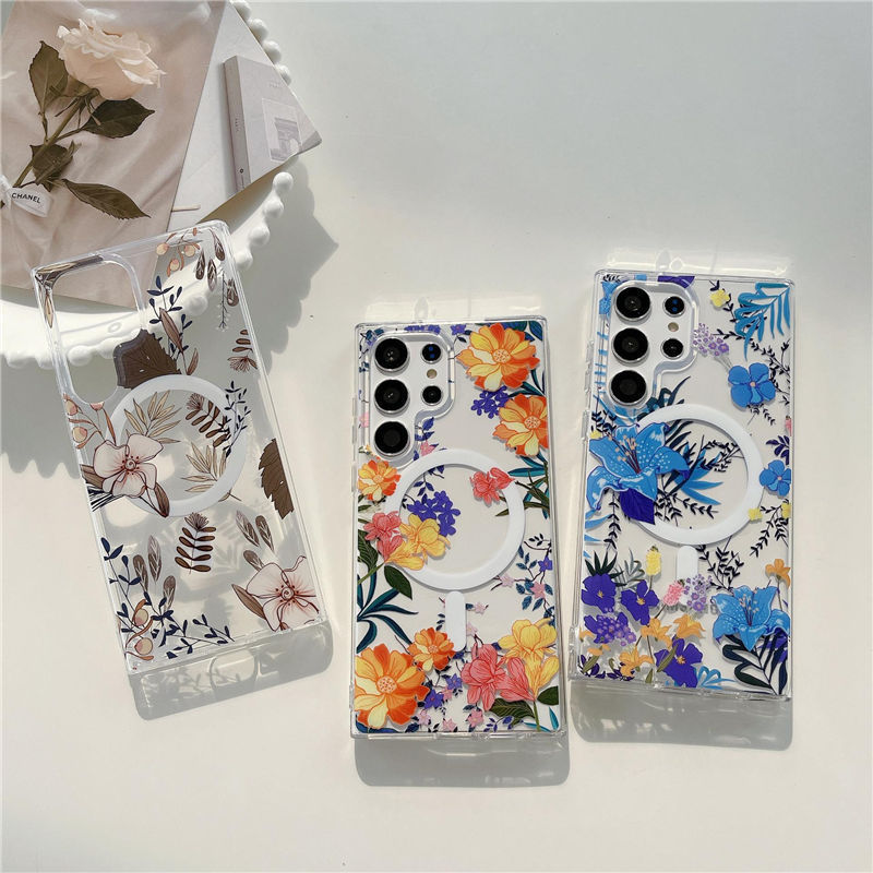 Luxury Flower Transparent Phone Case for Samsung S24 S23 Ultra Plus Wireless Charge Clear Cover for iPhone 15 14 13 12 Pro max