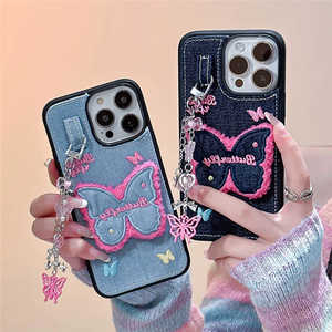 Butterfly Jean Cloth Denim Leather Case For iPhone 12 13 14 15 Pro Max 11 Phone Case with Pendant Keychain Soft Back Cover