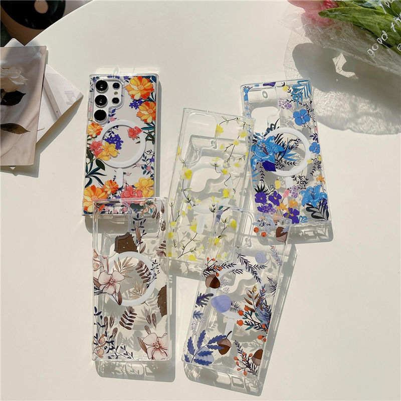 Luxury Flower Transparent Phone Case for Samsung S24 S23 Ultra Plus Wireless Charge Clear Cover for iPhone 15 14 13 12 Pro max