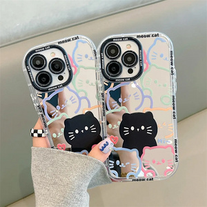 Plating Mirror Painted Lines Cute Cat Phone Case For iPhone 14 13 11 12 15 Pro Max for iphone 15 case with cat design