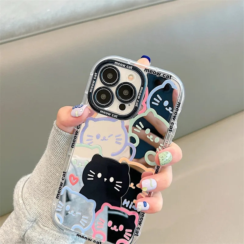 Plating Mirror Painted Lines Cute Cat Phone Case For iPhone 14 13 11 12 15 Pro Max for iphone 15 case with cat design