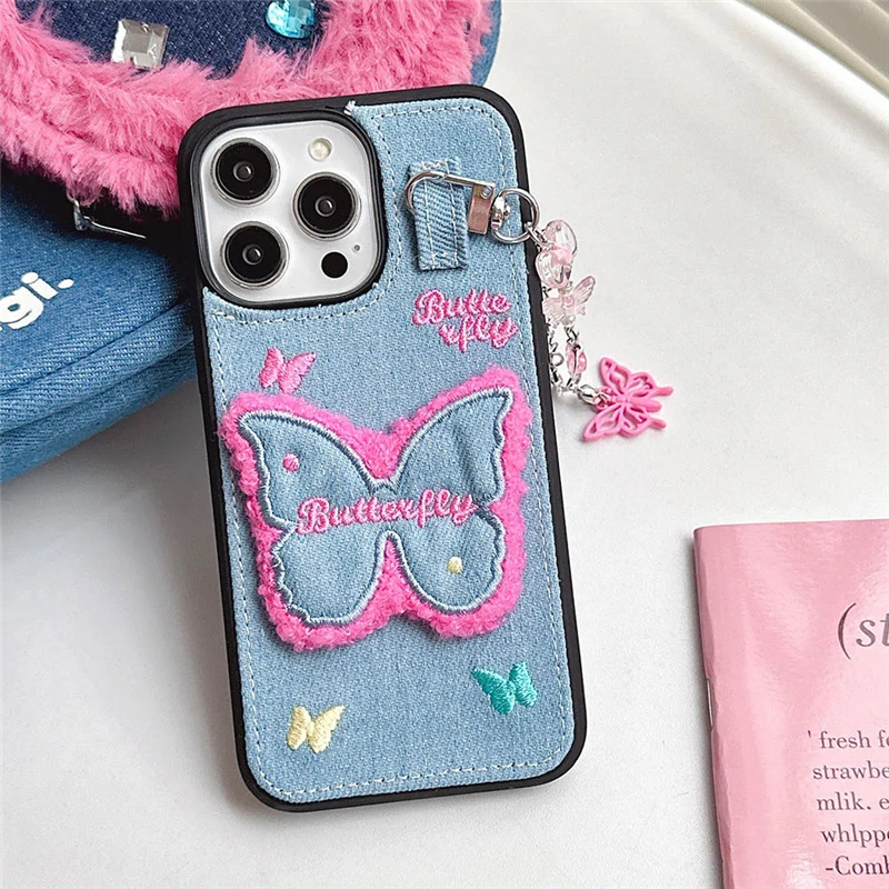 Butterfly Jean Cloth Denim Leather Case For iPhone 12 13 14 15 Pro Max 11 Phone Case with Pendant Keychain Soft Back Cover