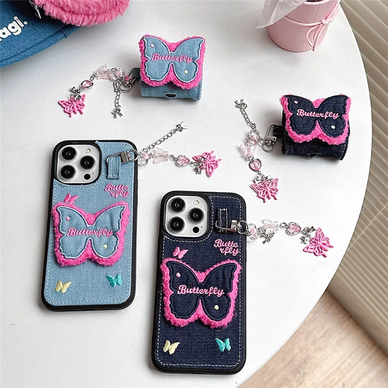 Butterfly Jean Cloth Denim Leather Case For iPhone 12 13 14 15 Pro Max 11 Phone Case with Pendant Keychain Soft Back Cover