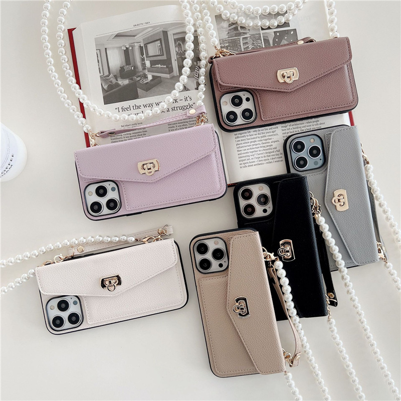 womens wallet multi card case with zipper pocket for iphone 14 pro max case neck lace