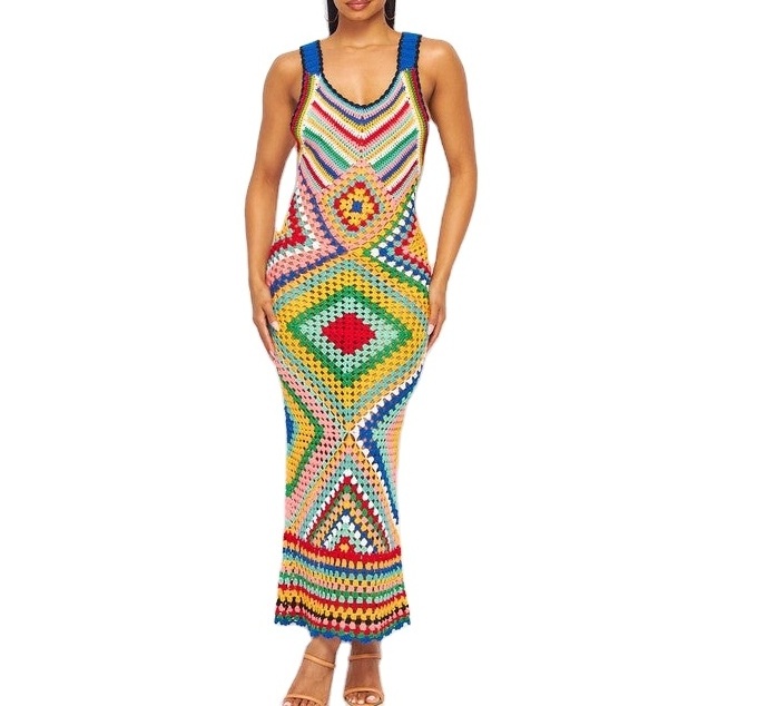 2024 Women Sexy Multi Colorful See Through Knitwear Diamond Pattern RacerBack Boho Long Crochet Knit Maxi Dress