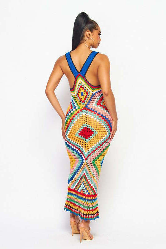 2024 Women Sexy Multi Colorful See Through Knitwear Diamond Pattern RacerBack Boho Long Crochet Knit Maxi Dress