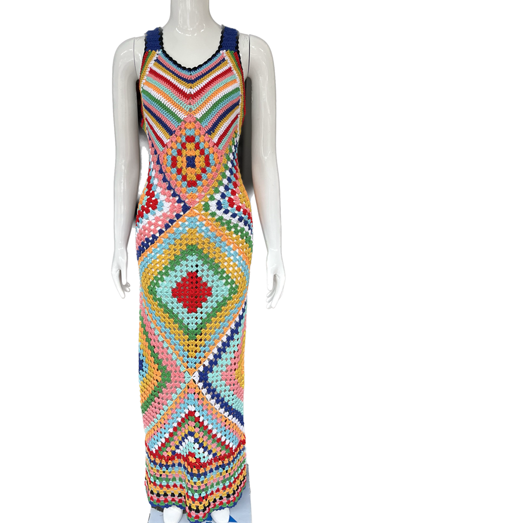 2024 Women Sexy Multi Colorful See Through Knitwear Diamond Pattern RacerBack Boho Long Crochet Knit Maxi Dress