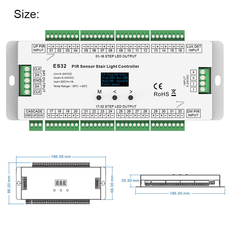 32 steps sensor es32 PIR led stair light controller ES32 5v 12v 24v 768w Man Body Infrared Stair Light Controller motion sensor