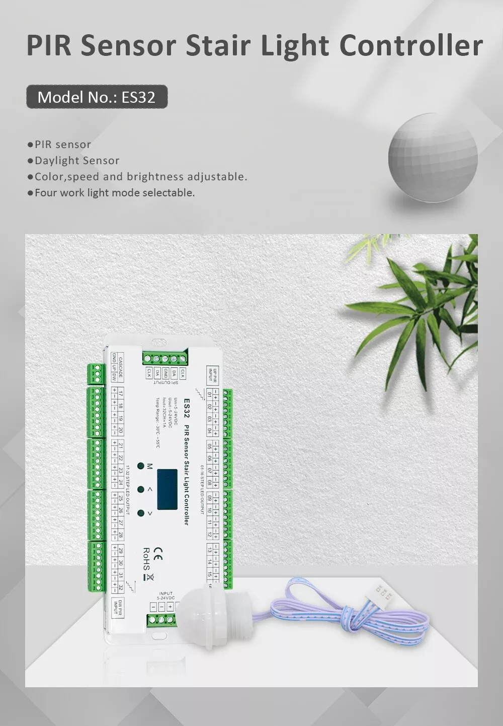 32CH ES32 PIR Stair Light Controller – Human Body IR Inductive Switch With Daylight Sensor, SPI/TTL Output, OLED Display, Works With WS2811/WS2812 & More